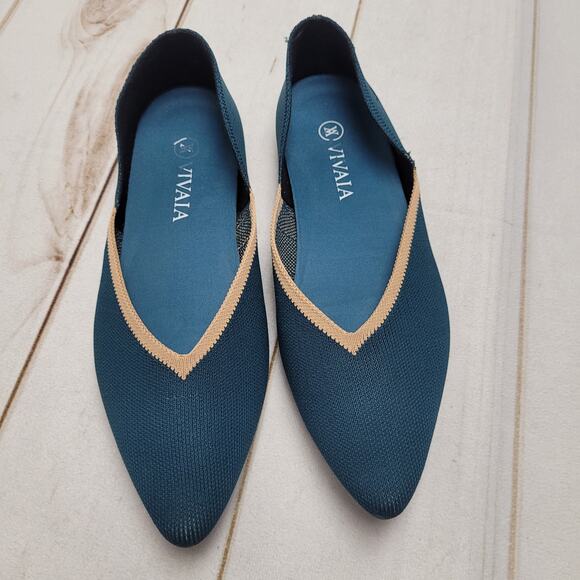 Vivaia Vienna pointy knit flats slip on marine blue V cut - Picture 2 of 8